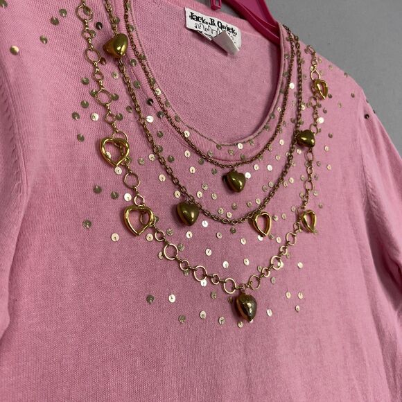 Jack B Quick Sweater Womens Medium Pink Gold Heart Charm Sequin Valentine Girly - Picture 5 of 15